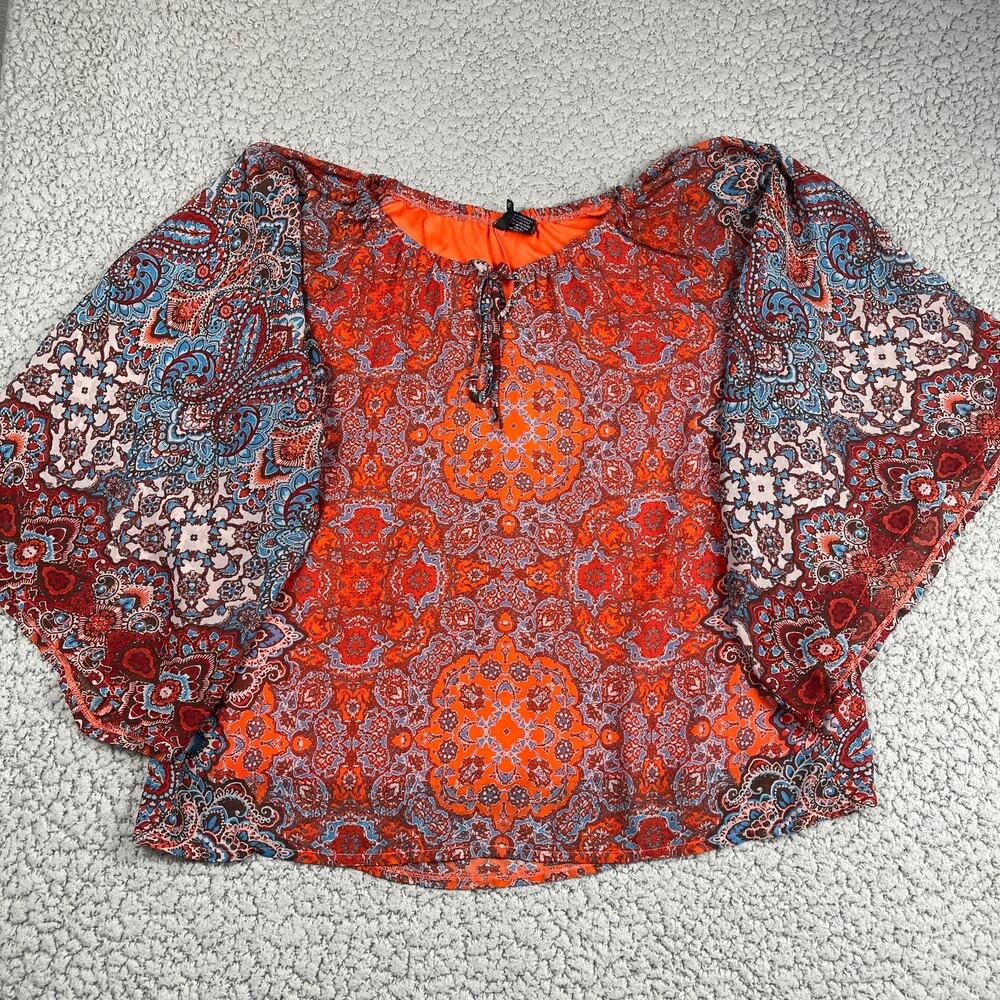 New Directions Blouse Large Flare Sleeve Tie Collar Paisley Top Boho Hippie